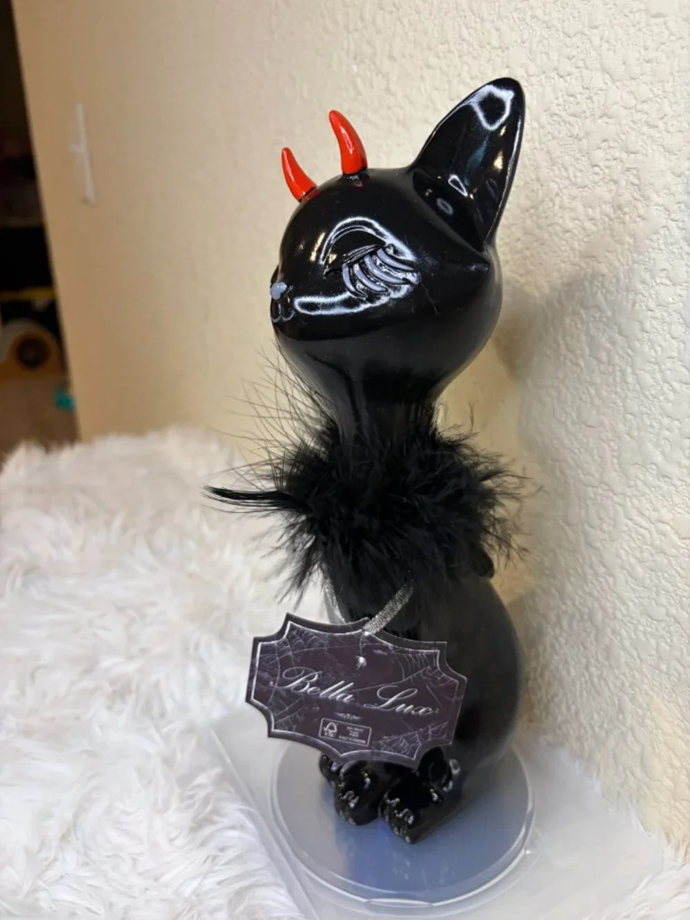 Bella Lux Black Devil Cat Figurine Gothic Halloween Decor Feather Boa Red Horns